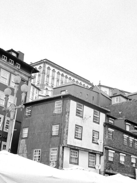 Fine art picture showing a conglomerate of houses watching the scene in black and white